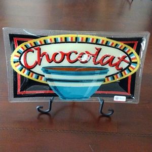 Peggy Karr 14" fused glass tray Chocolat with box and stand